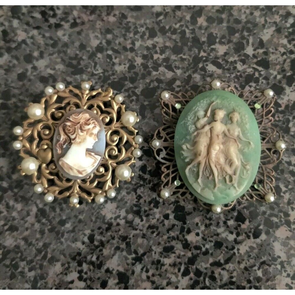 Lot Of 2 Vtg Hand Carved Hidden Heart Cameo Brass Faux Ivory & Pearls Brooch Pin